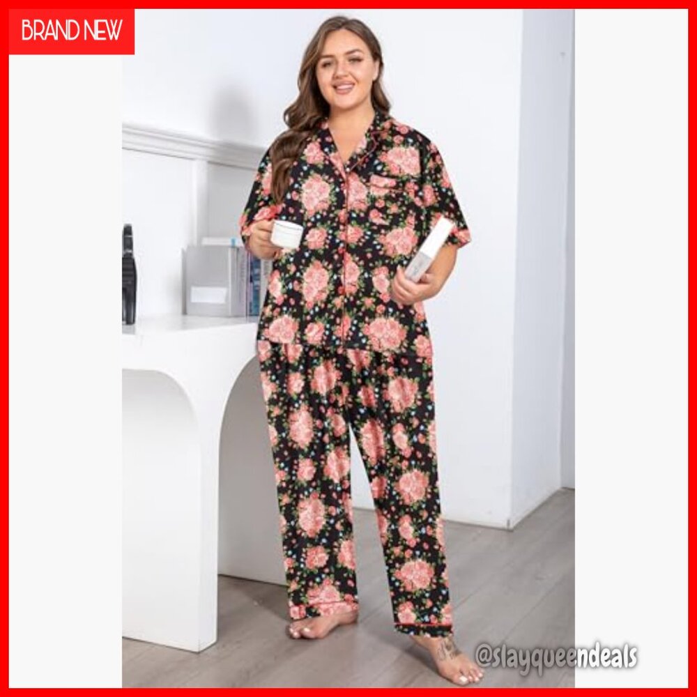 Plus Size Pajama Set Button Down Shirt Pants Soft Knit Lounge Wear - Picture 2 of 7